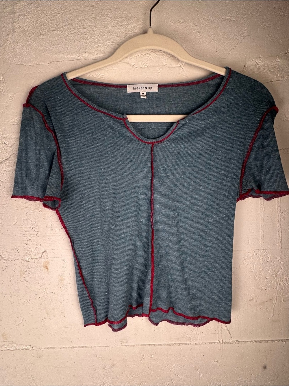 Hooked Up by IOT Blue Short-Sleeve Seam-Trim Crop Top babydoll crop Boho M